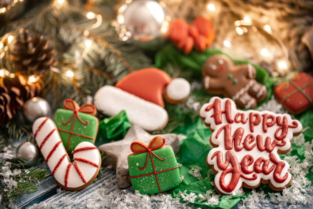 Composition With Bright Christmas Glazed Gingerbread Cookies Blurred Background With Bokeh Craft Homework Cookies Christmas 2 1024x683