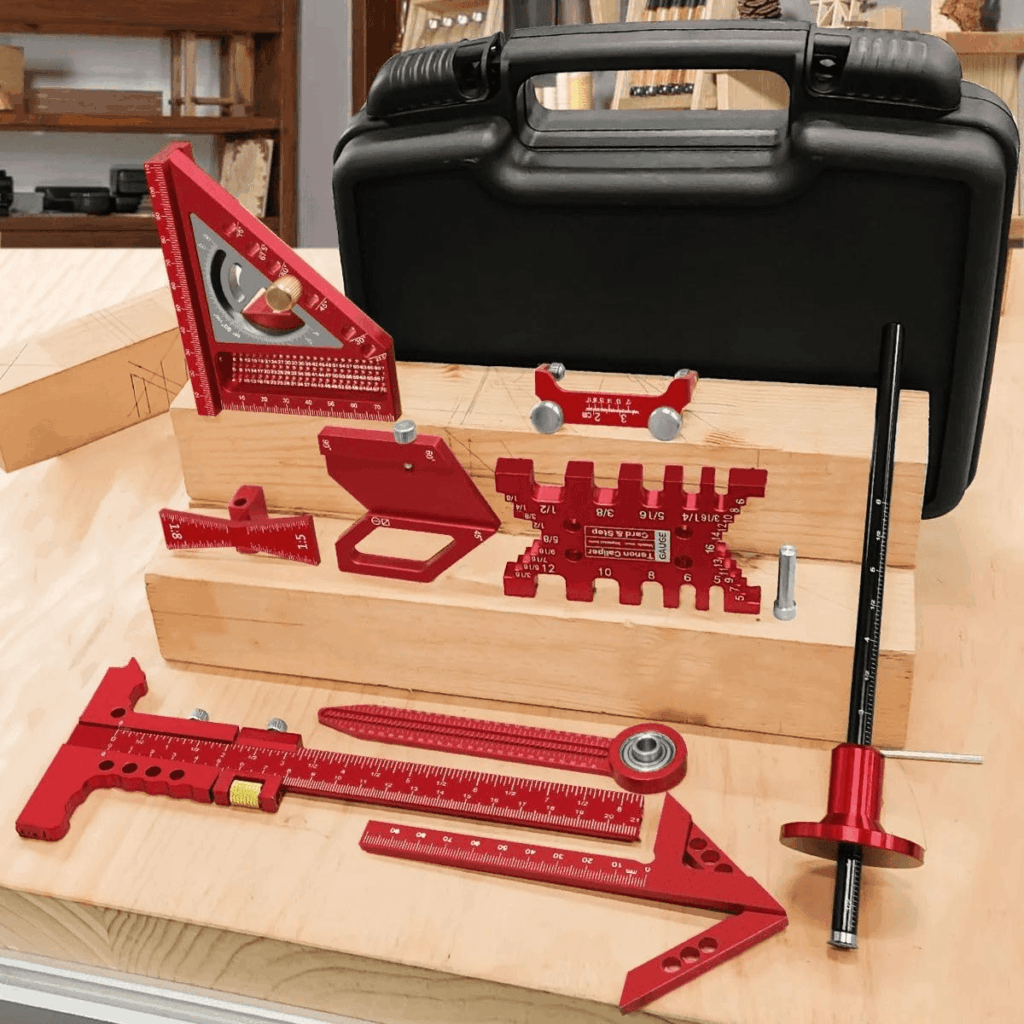 Woodworking Measuring Tools with Box, Aluminum Scribeing Ruler, Multi-Purpose Marking Ruler, Precision Layout Measuring Tool Carpentry Square Kits 