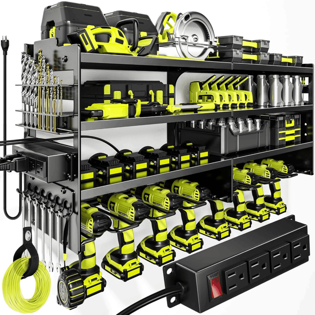 POKIPO Large Power Tool Organizer Wall Mount with Charging Station,4 Layer Heavy Duty Metal Tool Storage Rack Loads 600lbs with 8 Cordless Drill Holder