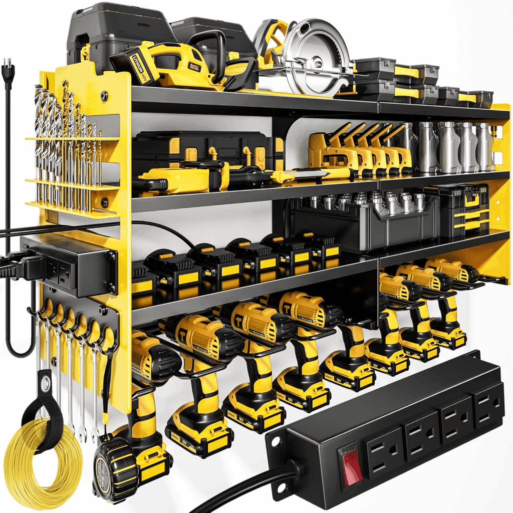 POKIPO Large Power Tool Organizer Wall Mount with Charging Station,4 Layer Heavy Duty Metal Storage Rack Loads 600lbs with 8 Cordless Drill Holder,Battery.