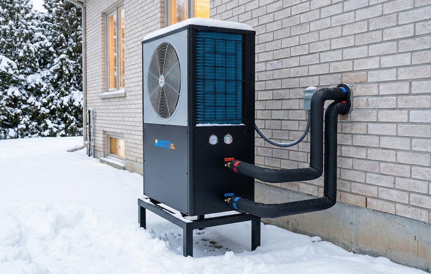 Outdoor heat pump unit standing in snow beside a brick house, with insulated flow and return pipes running through the wall to an indoor tank