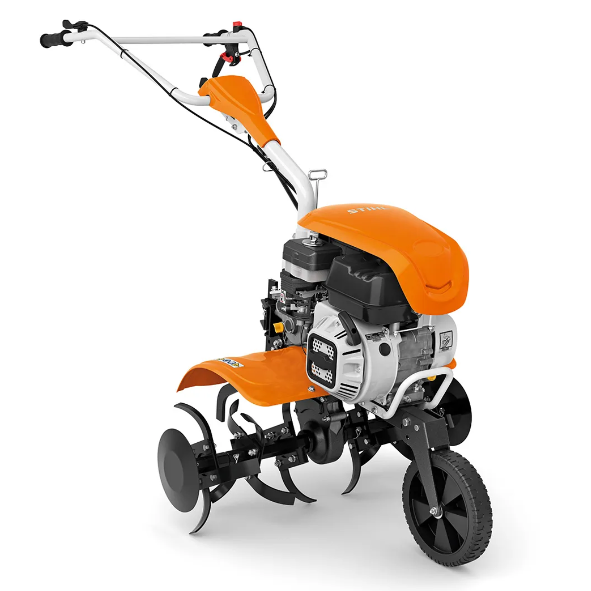 STIHL MH 610 petrol tiller three-quarter view showing the EHC 600 engine, folding transport wheel and hoe set