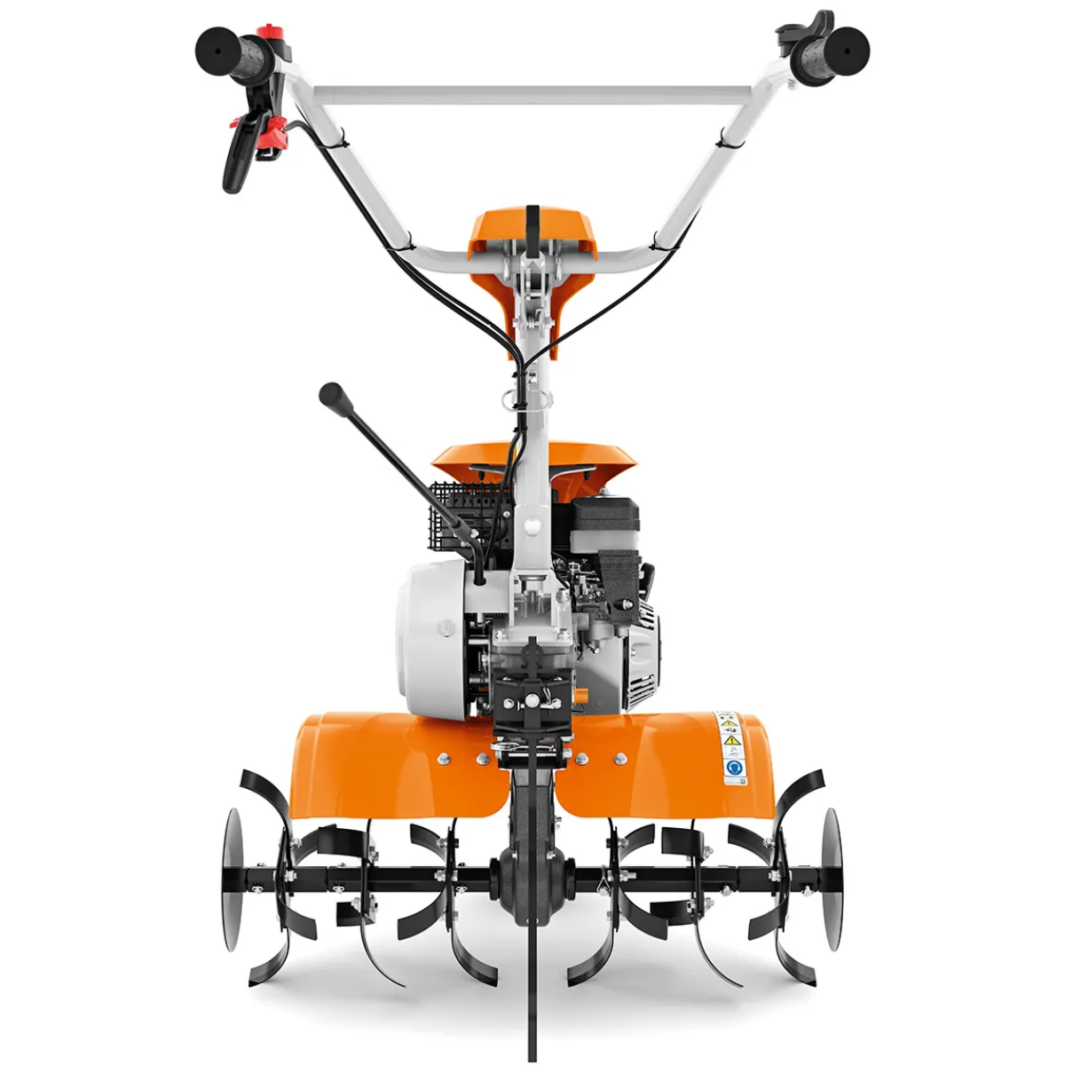STIHL MH 610 petrol tiller front view showing the full tilling set, protective side panels and adjustable handlebar
