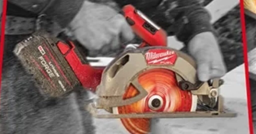 A Milwaukee cordless cut-off saw fitted with a FORGE battery, its abrasive cutting disc glowing red as it cuts through metal