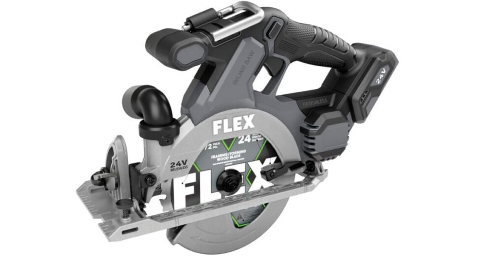 A FLEX 24V brushless inline cordless circular saw with its battery fitted and a framing and forming wood blade