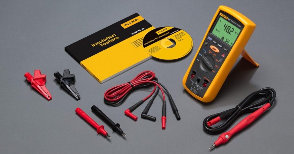 A Fluke 1507 insulation tester displaying 48.2 megohms, laid out with its manual, test leads, probes and crocodile clips