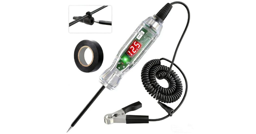 A white-background supplier stock photograph of a digital circuit tester with a coiled lead, crocodile clip and a roll of insulating tape