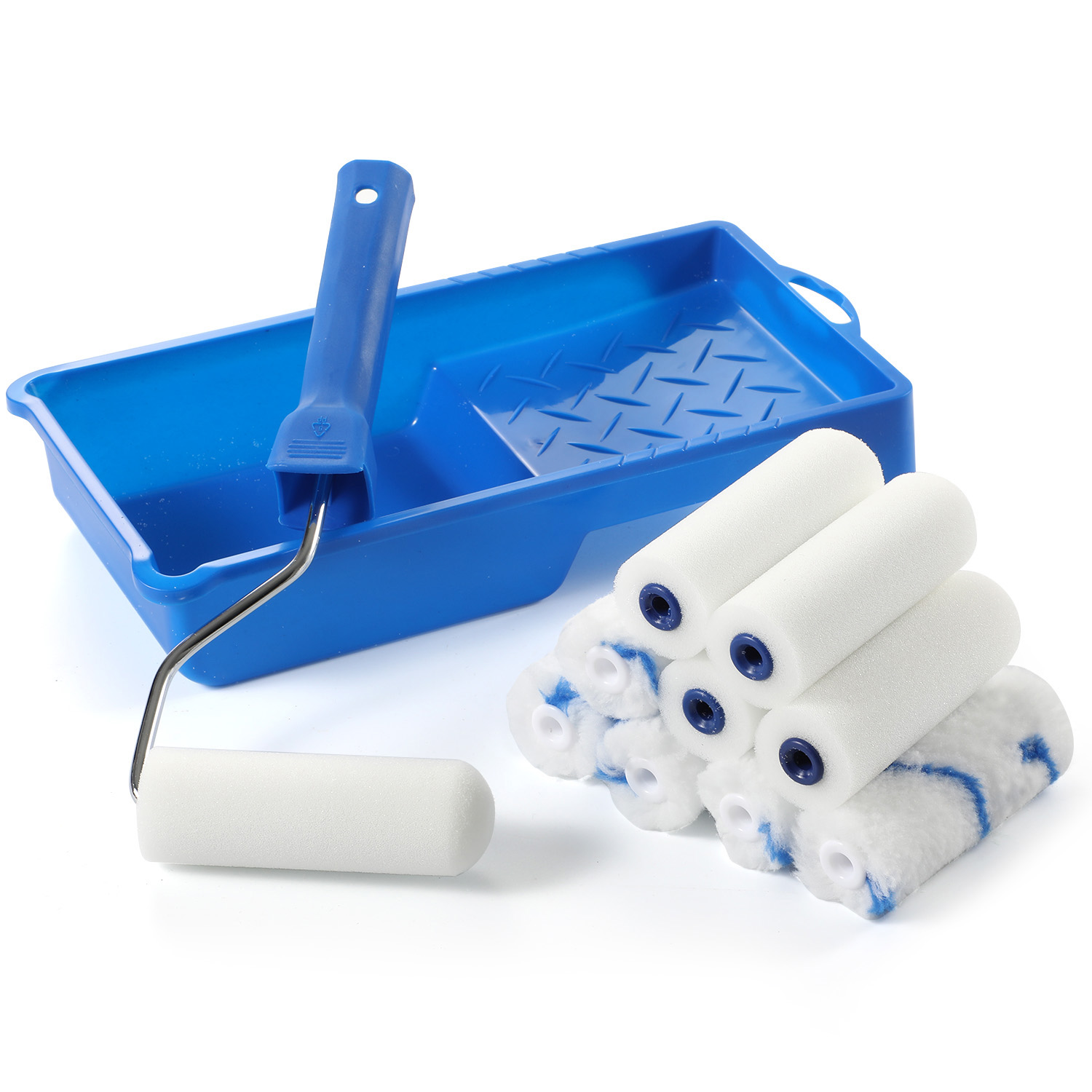 A roller frame and paint tray beside a foam roller cover and a stack of mini roller covers with different nap types
