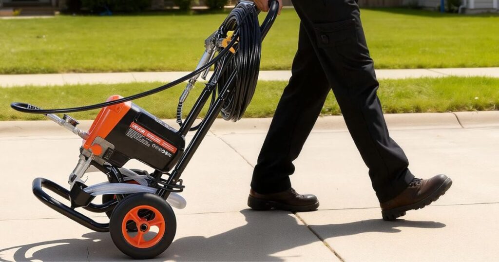 A worker wheeling a VEVOR 190C-L airless paint sprayer along a driveway on its two-wheel cart, the 50 foot high pressure hose coiled on the frame