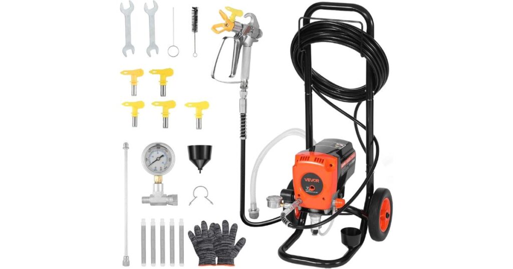 Full contents of the VEVOR 190C-L airless paint sprayer kit laid out: spray gun, five spray tips, pressure gauge, extension rod, filters, funnel, cleaning brush, spanners and gloves