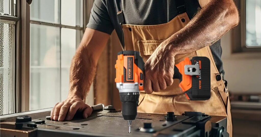 A VEVOR 20V cordless drill driver with its battery fitted, driving a screw into a workbench top
