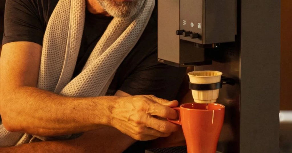 A person steadying an orange mug beneath the xBloom Studio dripper, with the machine's three control knobs above