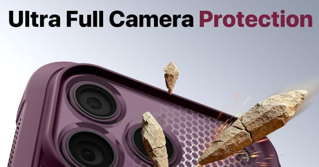Close view of the raised camera surround on a burgundy Diaclara iPhone 18 Pro Max case, standing proud of the three lenses