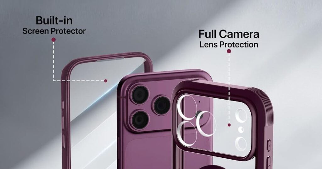 Diaclara burgundy iPhone 18 Pro Max case shown from front and back, with the built-in screen protector and the raised camera surround labelled