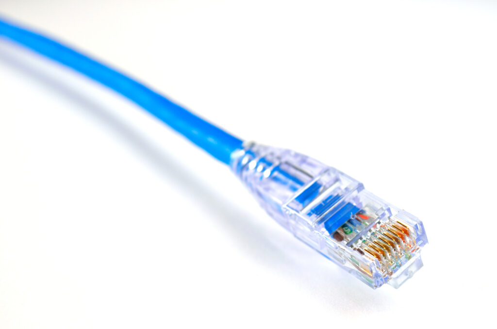 Close view of a blue ethernet patch cable and its transparent RJ45 connector showing the twisted pairs inside