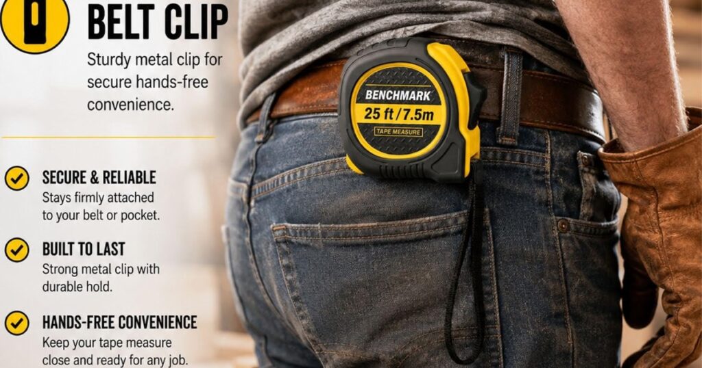 A yellow and black 25 foot tape measure clipped to the belt of a person in jeans and leather work gloves