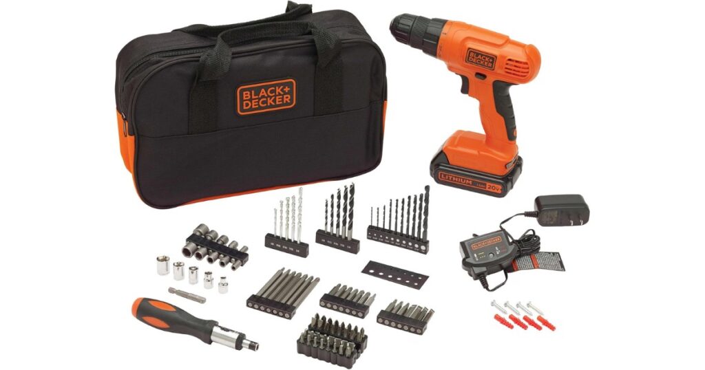 A BLACK+DECKER 20V cordless drill with its battery, charger, carry bag, screwdriver and an assortment of drill and driver bits