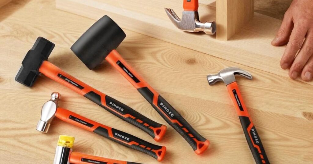 A claw hammer, ball-pein hammer, club hammer and rubber mallet with orange handles laid on a timber workbench