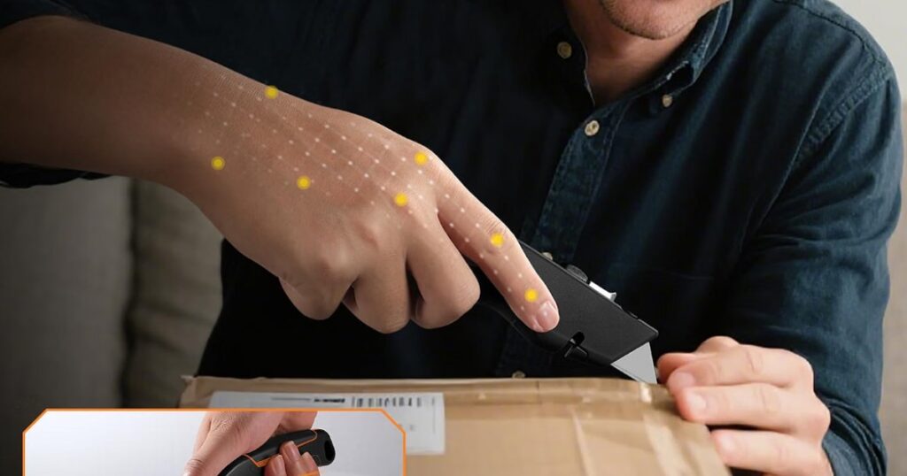 A person using a black retractable utility knife to cut the tape on a cardboard parcel