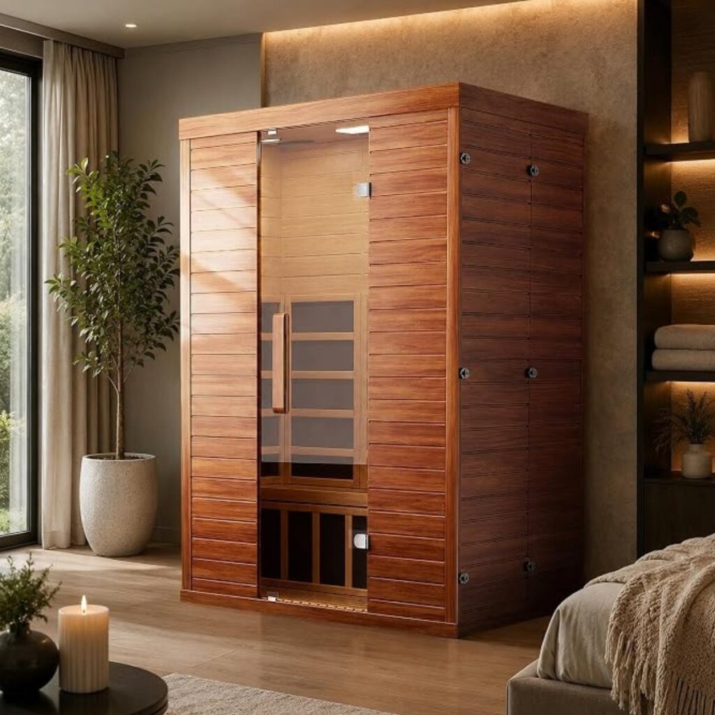 Infrared sauna cabin installed indoors against a wall in a living space, with emitter panels visible through the glass door