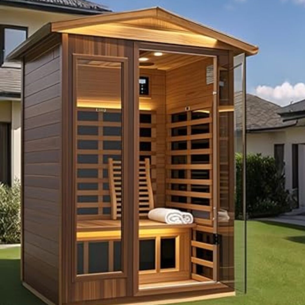 Outdoor cedar infrared sauna cabin with a pitched roof and glass door, carbon emitter panels visible on the interior walls