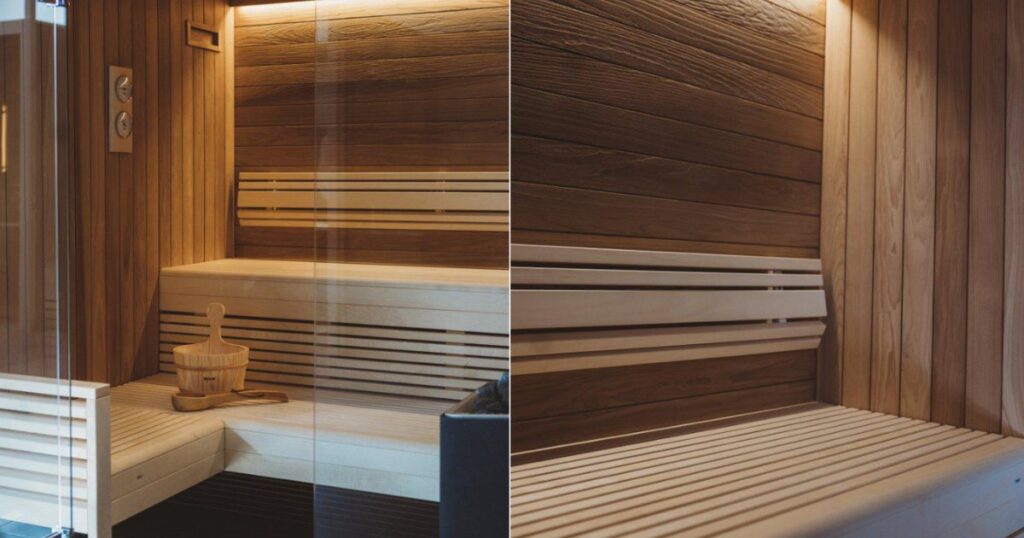 Traditional sauna interior detail showing pale low-resin bench timber and backrests against darker wall panelling, with a wooden bucket and ladle