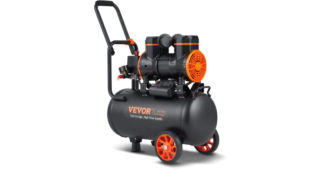 VEVOR oil-free air compressor on a white background showing its twin-cylinder pump, carry handle and wheeled horizontal tank