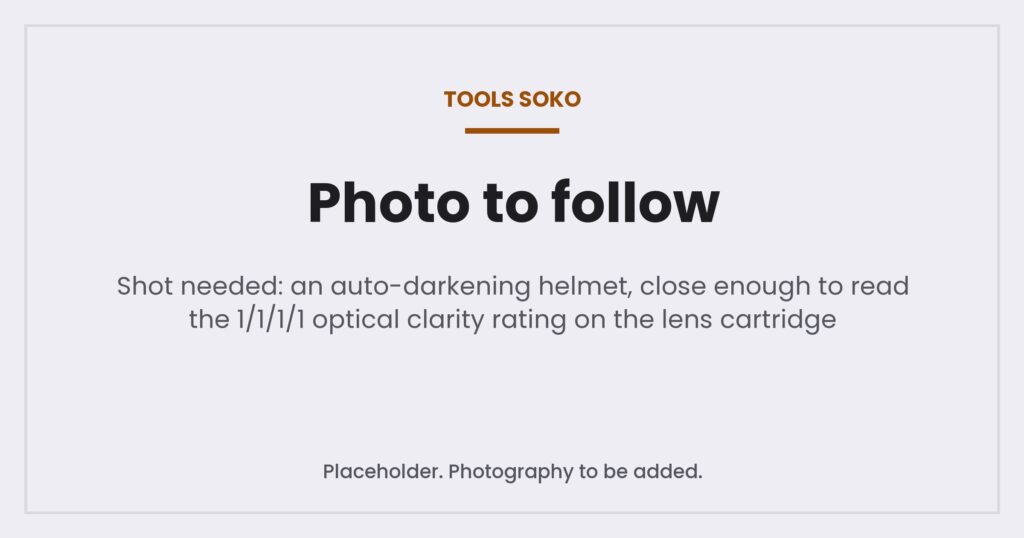 Placeholder image where a photograph of an auto-darkening welding helmet with a 1/1/1/1 optical clarity rating will appear